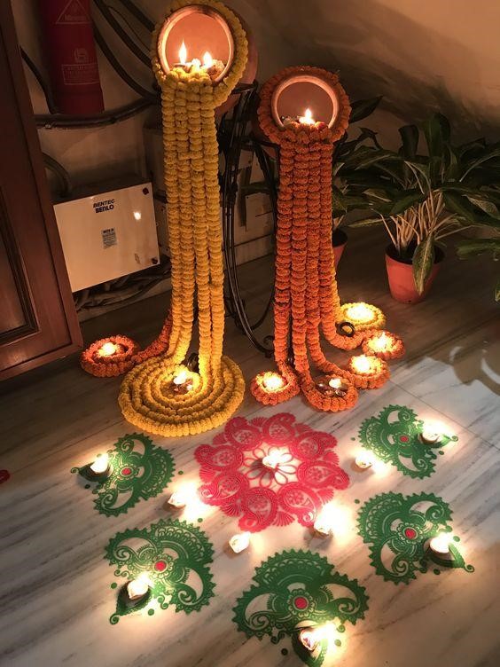Pots with marigold flower rangoli game activity rent in Hyderabad